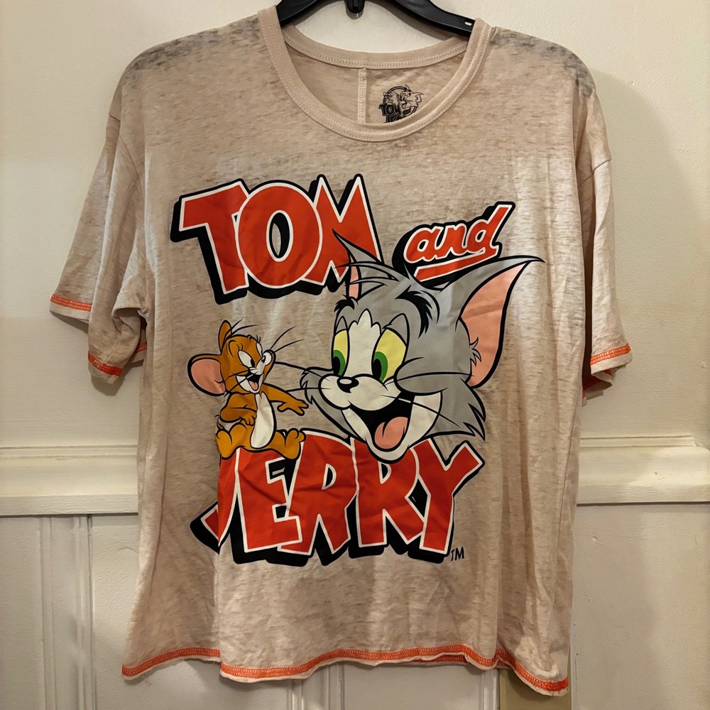 Tom & Jerry Women's T-Shirt Medium Beige Graphic Tee Cartoon Retro Y2K